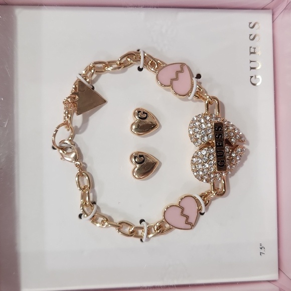 NIB Guess Gold Bracelet and Earring Set in a pink Guess gift box - Picture 1 of 2